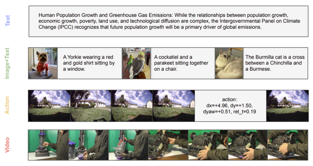 멀티모달 사전학습에 사용된 데이터 유형 예시.
