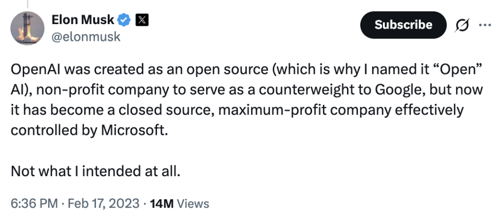 OpenAI의 방향 전환을 공개적으로 비판해온 일론 머스크의 2023년 트윗. 출처: X @elonmusk.